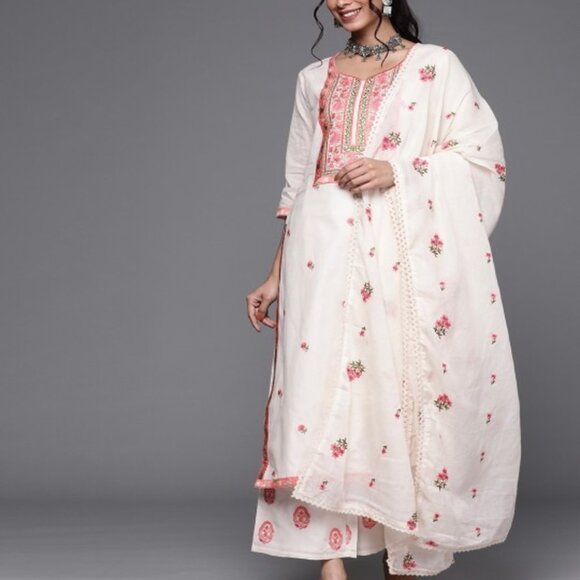 Shivansh Creations Off White, Pink & Green Embroidered Cotton Kurta Set, S-2XL - Picture 7 of 7